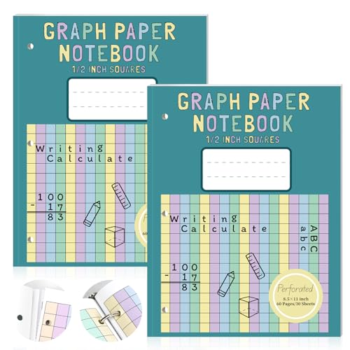SKLENICE 2 Pack Colored Graph Paper Notebook 8.5"x 11" Large Square Graph Paper for 3 Ring Binder 1/2 Inch Squares Math Grid Notebook 3 Hole Punch Graph Writing Paper for Kids School Dyslexia Dysgraphia - Image 1