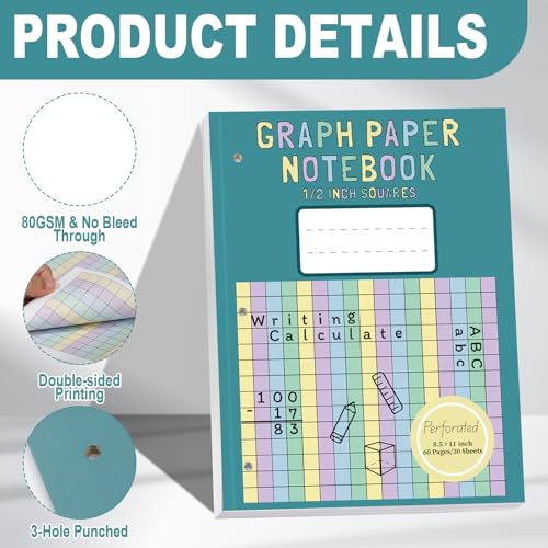 SKLENICE 2 Pack Colored Graph Paper Notebook 8.5"x 11" Large Square Graph Paper for 3 Ring Binder 1/2 Inch Squares Math Grid Notebook 3 Hole Punch Graph Writing Paper for Kids School Dyslexia Dysgraphia - Image 3