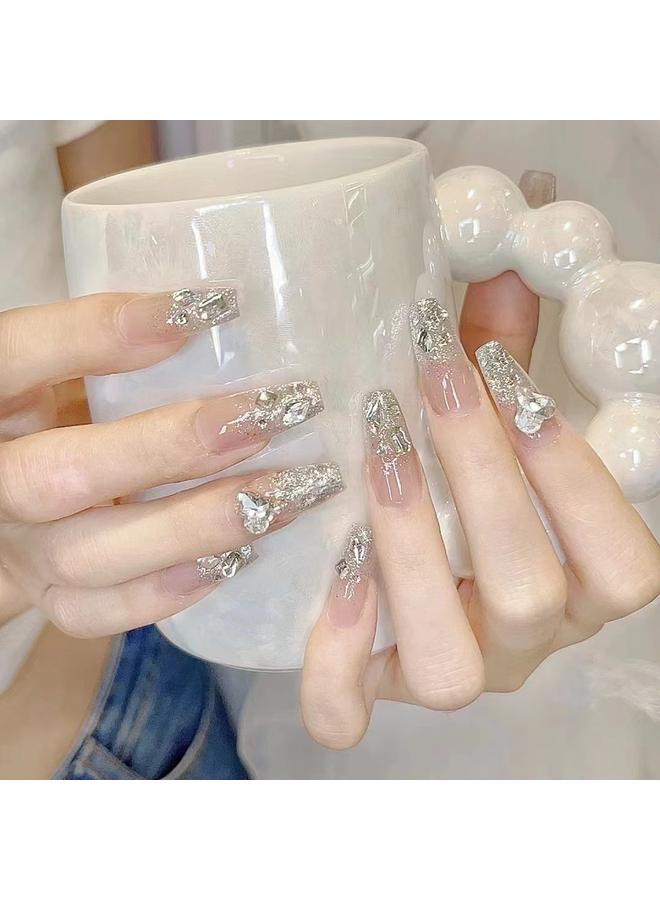 Bluejw Hand-Wearing Nail Pieces Advanced Sense White Fake Nail Nail Pieces Explosive Ins Wind Broken Diamond Butterfly Special Patch  - Image 1