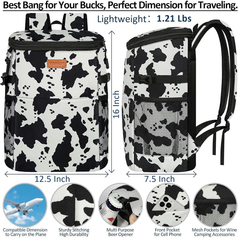 Vankor Camping Cooler Backpack 45 Cans, Soft Backpack Coolers Insulated Leak Proof Travel Cooler Bag Waterproof Lunch Picnic Beach Work Trip Thermal Bag Drink Beverage Beer Cooler Black White Spots - Image 3