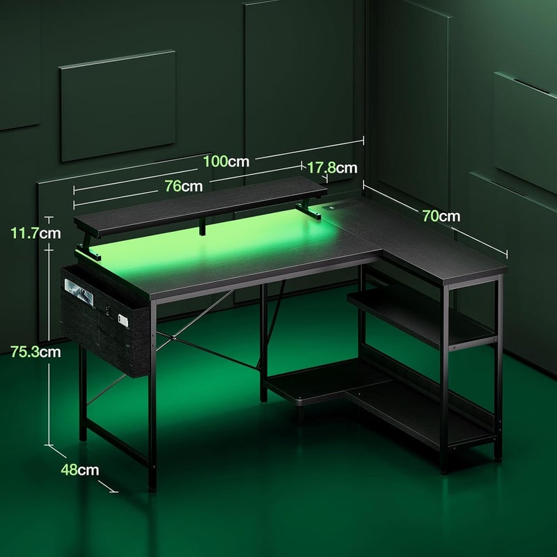 Coleshome L Shaped Gaming Desk with LED Lights, 100 × 70 cm Computer Desk with Power Outlet, Reversible Corner Gaming Table with Storage Shelves & Monitor Stand, Carbon Fiber Black - Image 3