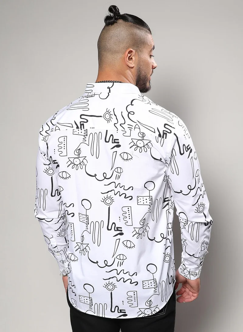 Instafab Plus Men's Chalk White Doodle Shirt For Casual Wear | Spread Collar | Short Sleeve | Button Closure | Shirt Crafted With Comfort Fit For Everyday Wear