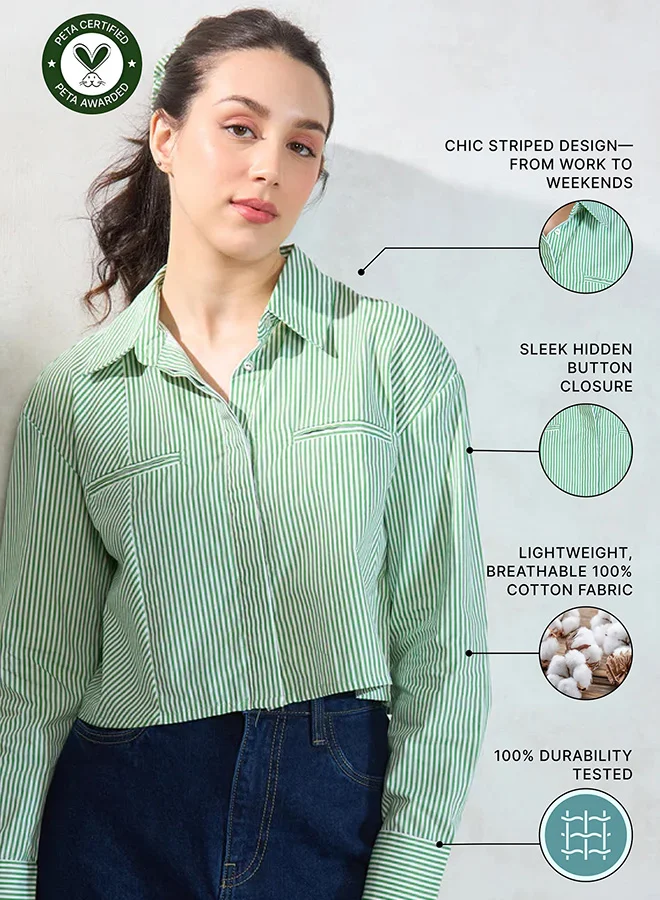 فيرجيو قميص فيرجيو مخطط بالأخضر والأبيض قطن 100%