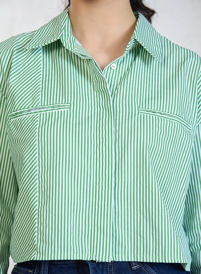 Virgio  Solid Cotton Green-White Striped Shirt for Women for Women | Best Price UAE
