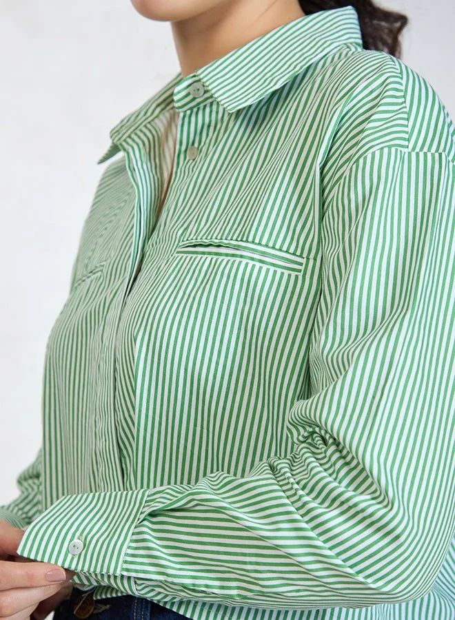 Virgio  Solid Cotton Green-White Striped Shirt for Women for Women | Best Price UAE