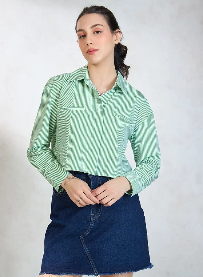 Solid Cotton Green-White Striped Shirt for Women
