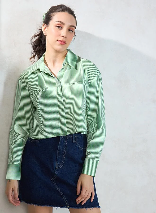 Virgio  Solid Cotton Green-White Striped Shirt for Women for Women | Best Price UAE