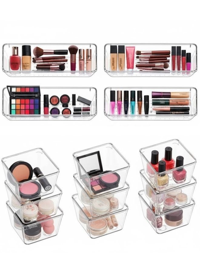 16PCS Clear Plastic Drawer Organizers Set, 2 Size Desk Drawer Organizer Trays for Makeup, Jewelry, Kitchen Utensils, Gadgets and Office Accessories