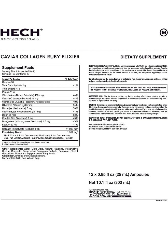 HECH - Caviar Collagen Ruby Elixier - Beauty Supplement With 11,000 Mg Marine And Caviar Collagen Peptides, Polyphenols And Complex Of 9 Bioactive Vita-Mineral Nutrients - Image 1