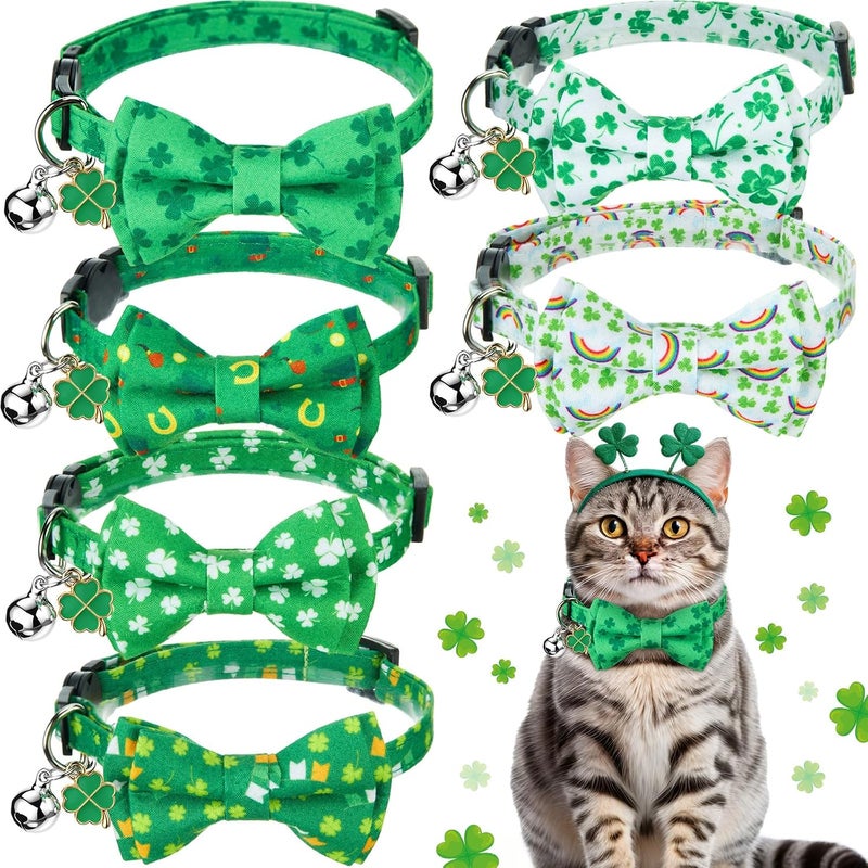Hsei 6 Pcs St. Patrick's Day Cat Collar Bulk with Bow Tie Bell Irish Lucky Shamrocks Clover Green Hats Rainbows Kitten Adjustable Breakaway Bowtie Collar for Cats Small Dog Holiday Party Favors Gifts - Image 1