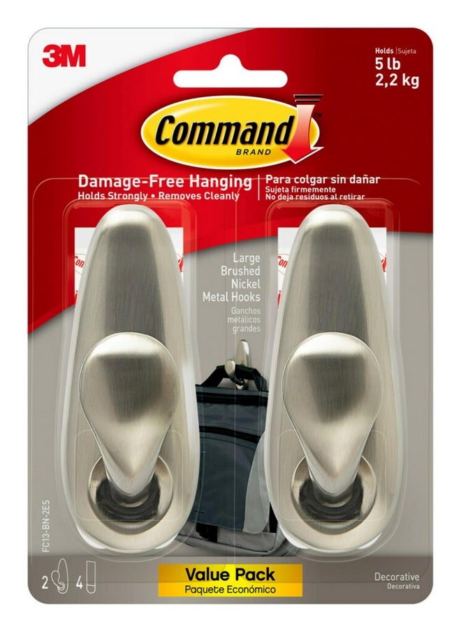 Command Command 5 lb Large Brushed Nickel Metal Hooks, 2 Hooks and 4 Command Strips, Damage Free Coat Hooks with Adhesive Strips, Forever Classic Hooks for Christmas Decorations  - Image 1