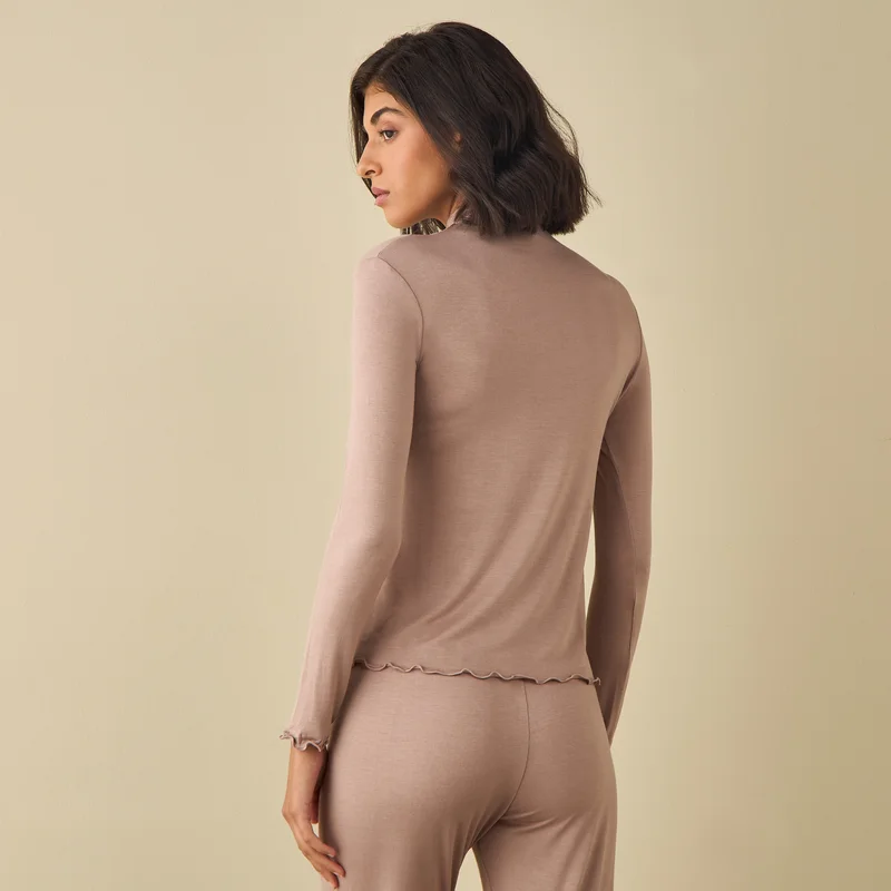 Splash FAV High Neck Long Sleeves Top with Lettuce Hem