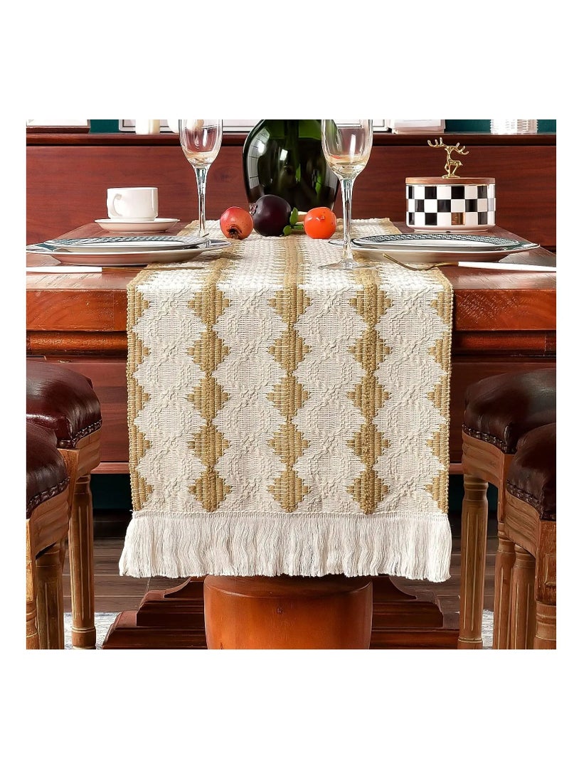 SYOSI Table Runners 70 inches Long, Macrame Table Runner Farmhouse Style, Splicing Bohemian Rustic Table Runner with Tassels for Home, Wedding and Party, Farmhouse Home Decoration for Kitchen(13*70 inches) - Image 1