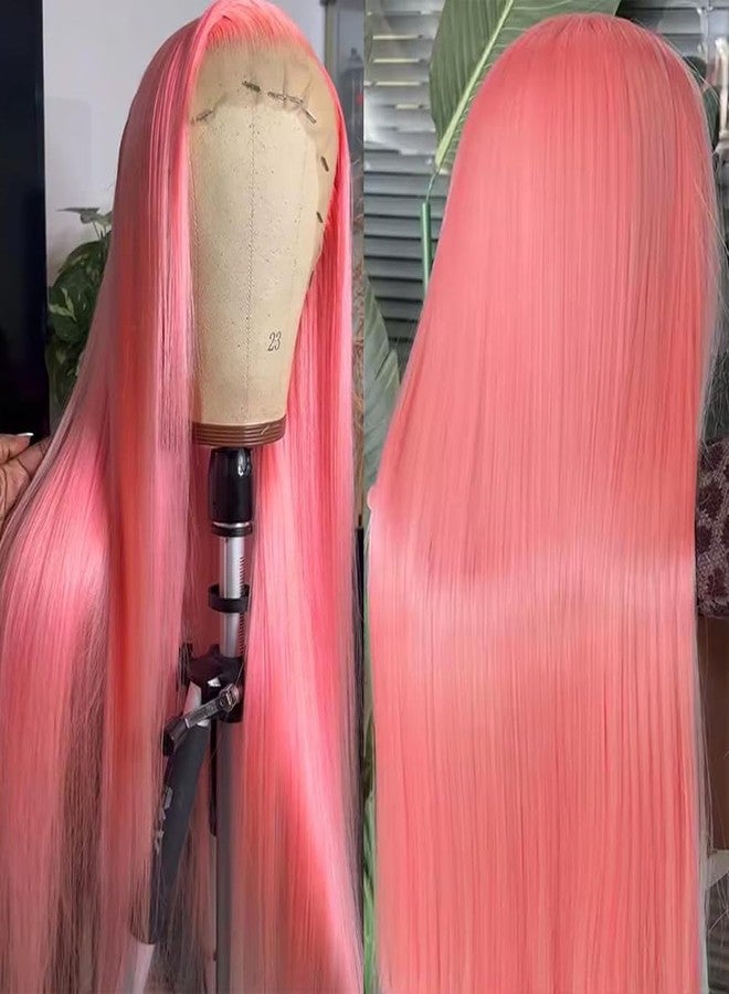 Smartinnov Hot Pink Lace Front Wig Human Hair Glueless 13x4 HD Transparent Straight Pre Plucked with Baby Hair 150% Density 22 Inch Natural Hairline Free Part Bleached Knots Pink Remy Hair Wigs for Women - Image 2