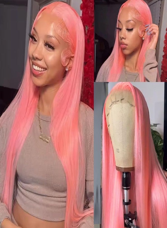 Smartinnov Hot Pink Lace Front Wig Human Hair Glueless 13x4 HD Transparent Straight Pre Plucked with Baby Hair 150% Density 22 Inch Natural Hairline Free Part Bleached Knots Pink Remy Hair Wigs for Women - Image 1