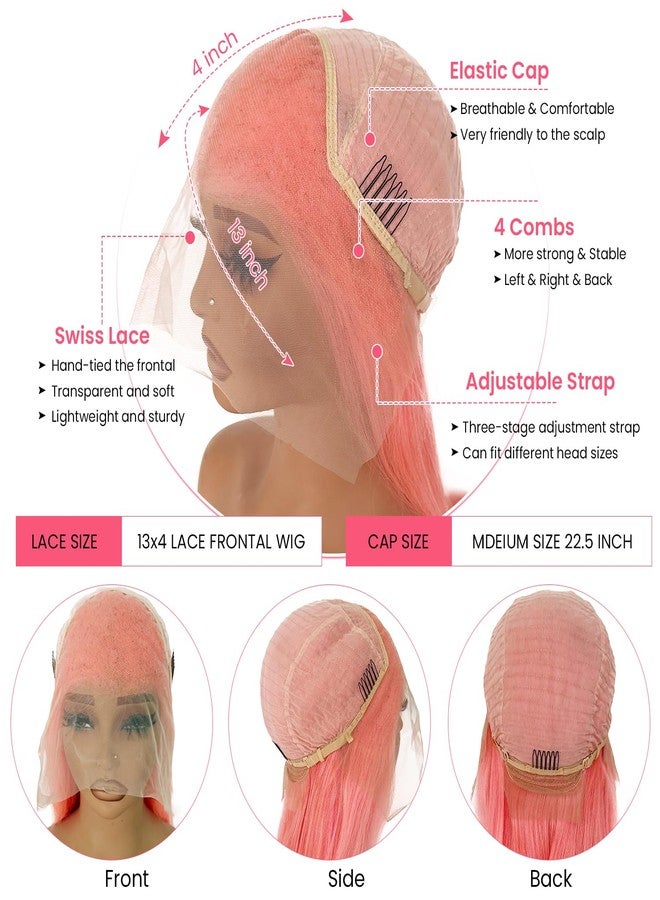 Smartinnov Hot Pink Lace Front Wig Human Hair Glueless 13x4 HD Transparent Straight Pre Plucked with Baby Hair 150% Density 22 Inch Natural Hairline Free Part Bleached Knots Pink Remy Hair Wigs for Women - Image 4