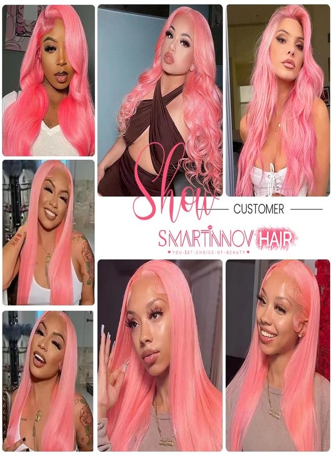 Smartinnov Hot Pink Lace Front Wig Human Hair Glueless 13x4 HD Transparent Straight Pre Plucked with Baby Hair 150% Density 22 Inch Natural Hairline Free Part Bleached Knots Pink Remy Hair Wigs for Women - Image 5