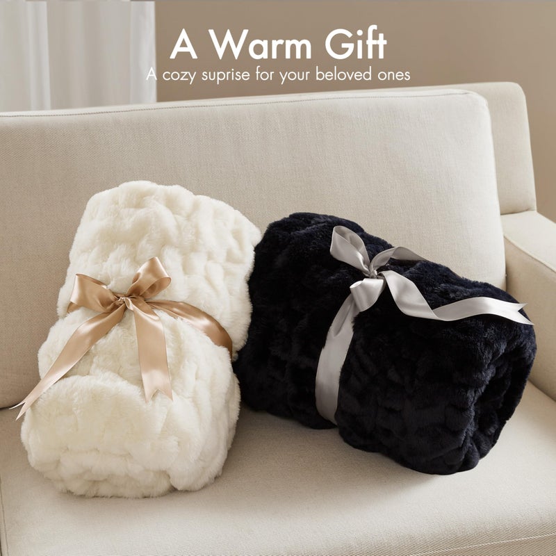 Madison Park Ruched Fur Luxury Throw Premium Soft Cozy Brushed Long Faux Fur For Bed, Couch or Sofa , 50x60" , Ivory - Image 5