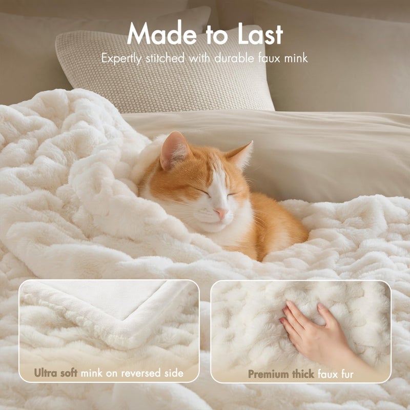Madison Park Ruched Fur Luxury Throw Premium Soft Cozy Brushed Long Faux Fur For Bed, Couch or Sofa , 50x60" , Ivory - Image 2