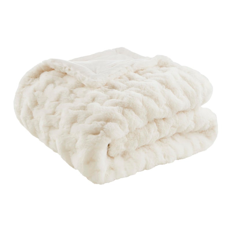 Madison Park Ruched Fur Luxury Throw Premium Soft Cozy Brushed Long Faux Fur For Bed, Couch or Sofa , 50x60" , Ivory - Image 1