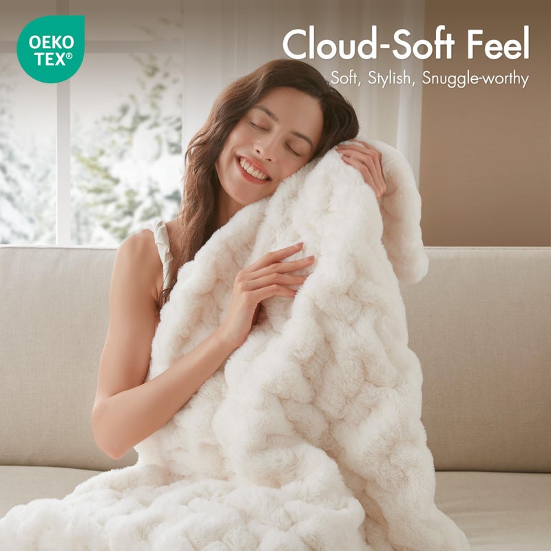 Madison Park Ruched Fur Luxury Throw Premium Soft Cozy Brushed Long Faux Fur For Bed, Couch or Sofa , 50x60" , Ivory - Image 3