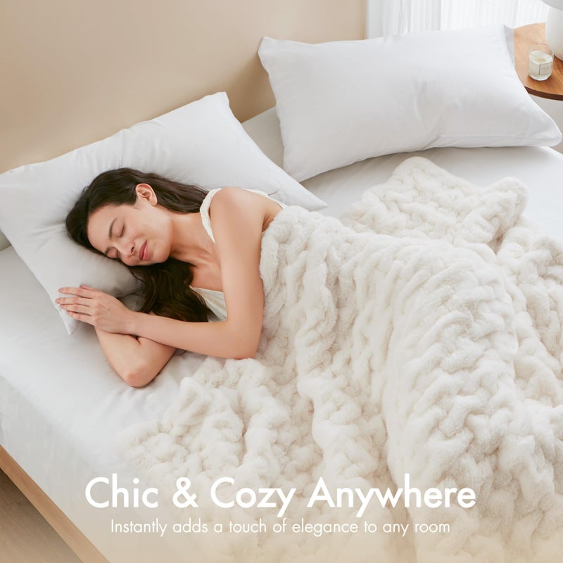 Madison Park Ruched Fur Luxury Throw Premium Soft Cozy Brushed Long Faux Fur For Bed, Couch or Sofa , 50x60" , Ivory - Image 4