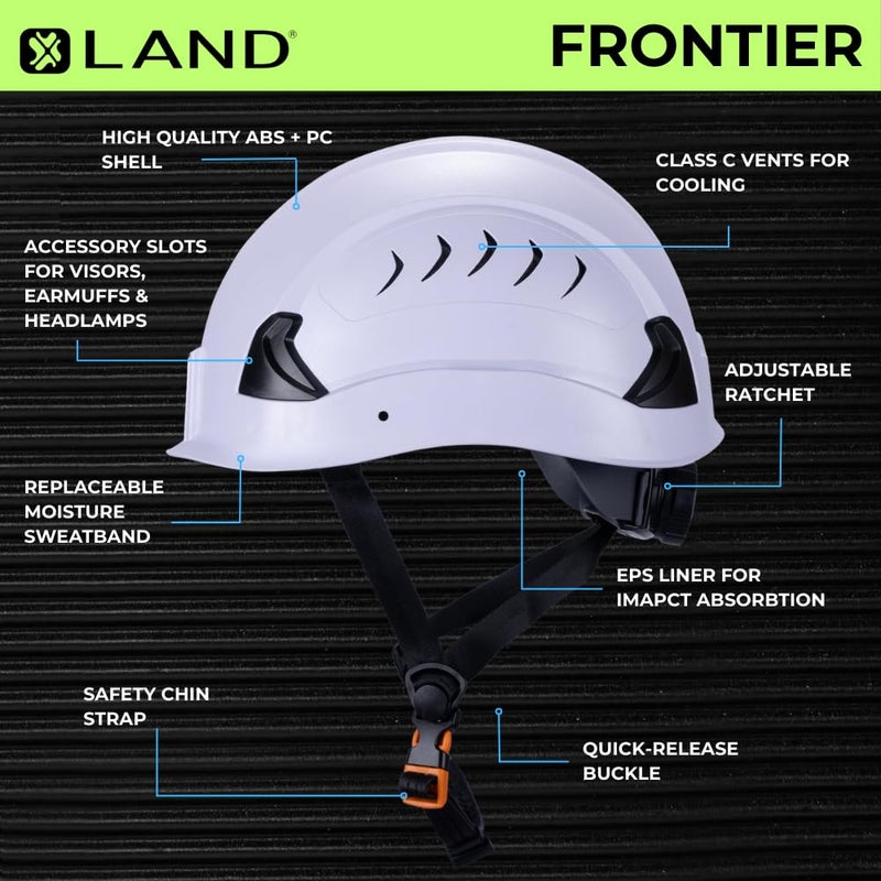 Land Helmets Frontier Type 2 Class C Vented Safety Helmet - ANSI/ISEA Z89.1 Type II OSHA Compliant Hard Hat. Used in Construction, Arbor, and Industrial Work. (White) - Image 4