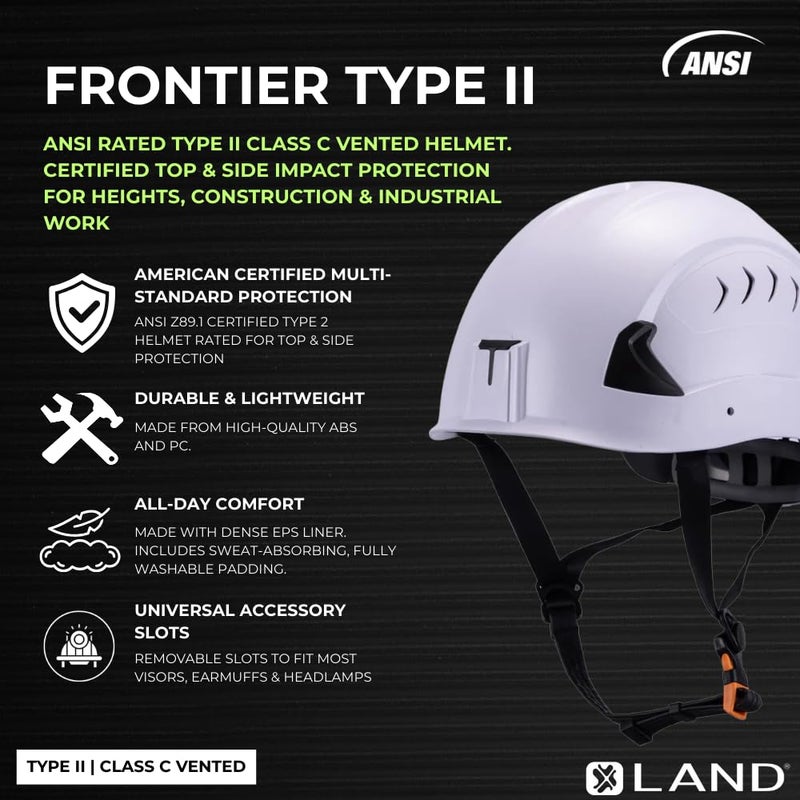 Land Helmets Frontier Type 2 Class C Vented Safety Helmet - ANSI/ISEA Z89.1 Type II OSHA Compliant Hard Hat. Used in Construction, Arbor, and Industrial Work. (White) - Image 2