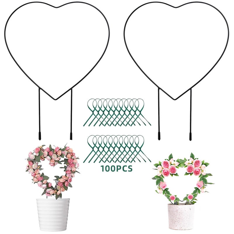 Pretwad 2 PCS Heart Shaped Plant Trellis Indoor with 100 Plant Twist Tie, Iron Heart Trellis for Indoor Climbing Plants Vine Stem Support Hearts Wire, Houseplant Hearts Trellis for Potted Plants - Image 1