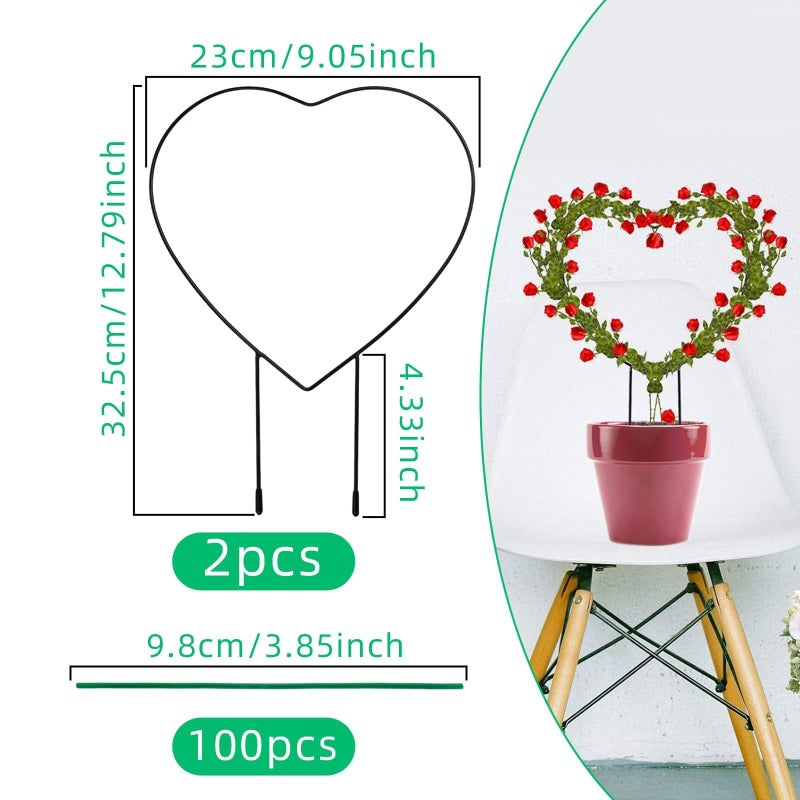 Pretwad 2 PCS Heart Shaped Plant Trellis Indoor with 100 Plant Twist Tie, Iron Heart Trellis for Indoor Climbing Plants Vine Stem Support Hearts Wire, Houseplant Hearts Trellis for Potted Plants - Image 2