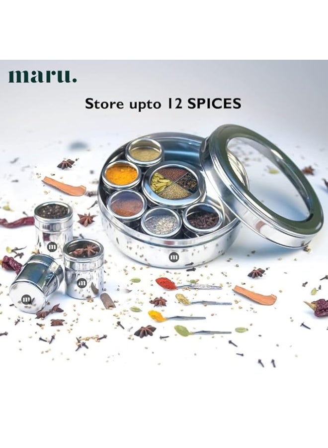 مارو علبة توابل مارو ستيل 12 في 1 للمطبخ، علبة توابل متينة مع وعاء مقسم في المنتصف وأغطية شفافة، علبة أنيقة لتخزين التوابل في المطبخ - Image 3
