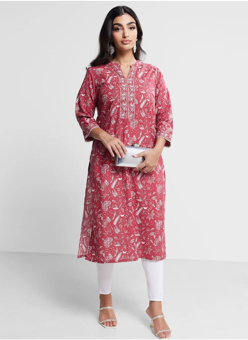فاب انديا V-Neck Floral Print 2Pc Kurta Set