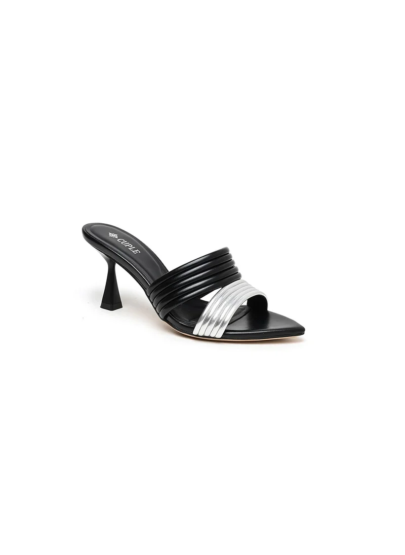 Cuple heeled slide sandal with ribbed straps