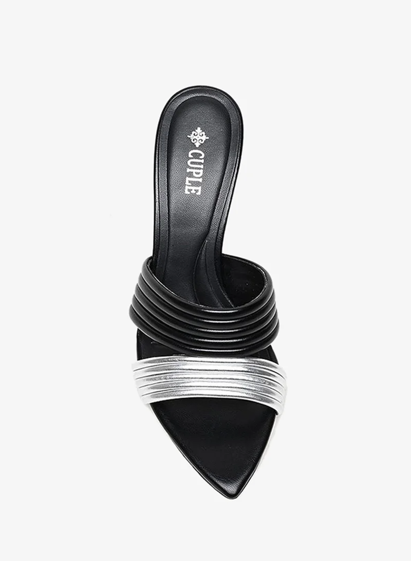 Cuple Black/Silver Comfort Double strap  Heeled Sandals for Women | Best Price UAE