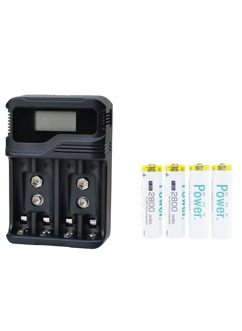 DMK Power DMK Power Rechargeable 4pcs AA 2800mAh High Capacity Batteries 1.2V NiMH Low Self Discharge with TC-Q4A9 4-Slot LCD Quick Rechargeable battery Charger USB Fast Charging, Independent Slot. - Image 1