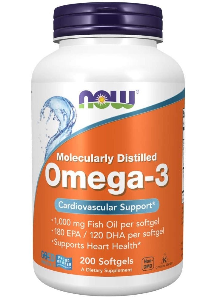 Now Foods Omega-3 1000Mg, Molecularly Distilled 200 Softgels - Image 1