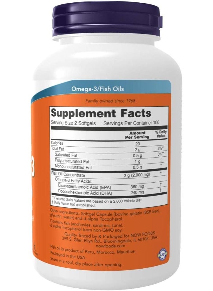 Now Foods Omega-3 1000Mg, Molecularly Distilled 200 Softgels - Image 2