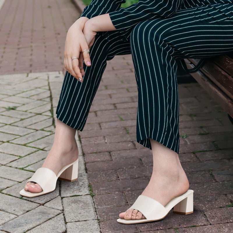 PIZZ ANNU Women's Square Open Toe Heels Sandals Low Block Chunky Heeled Sandal Slip on Mules Comfortable Casual Dress Pumps Shoes, Off White 7 - Image 2