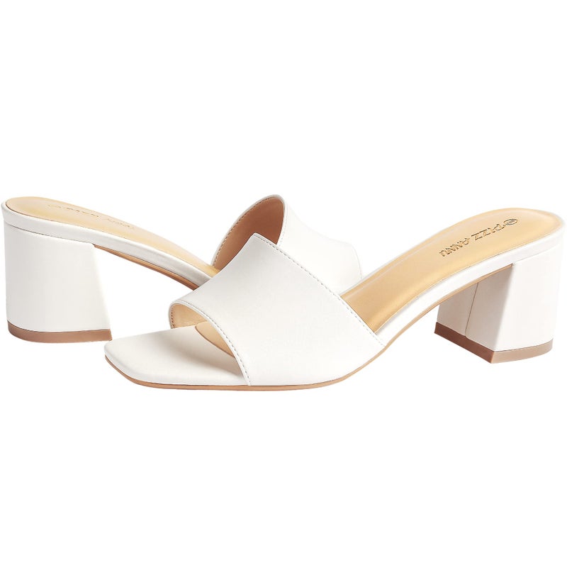 PIZZ ANNU Women's Square Open Toe Heels Sandals Low Block Chunky Heeled Sandal Slip on Mules Comfortable Casual Dress Pumps Shoes, Off White 7 - Image 4