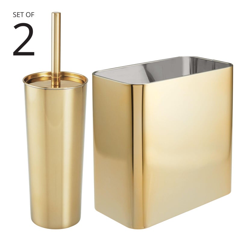 mDesign Modern Compact Freestanding MetalToilet Bowl Brush and Rectangle Open Wastebasket Garbage Can Combo Set for Bathroom Storage - Sturdy, Deep Cleaning - Set of 2 - Brass - Image 2