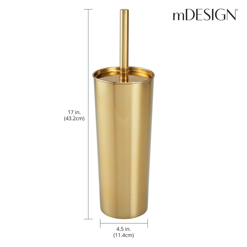 mDesign Modern Compact Freestanding MetalToilet Bowl Brush and Rectangle Open Wastebasket Garbage Can Combo Set for Bathroom Storage - Sturdy, Deep Cleaning - Set of 2 - Brass - Image 5