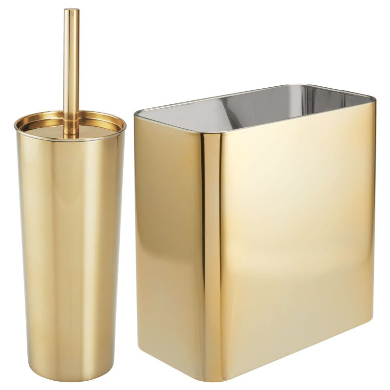 mDesign Modern Compact Freestanding MetalToilet Bowl Brush and Rectangle Open Wastebasket Garbage Can Combo Set for Bathroom Storage - Sturdy, Deep Cleaning - Set of 2 - Brass - Image 1