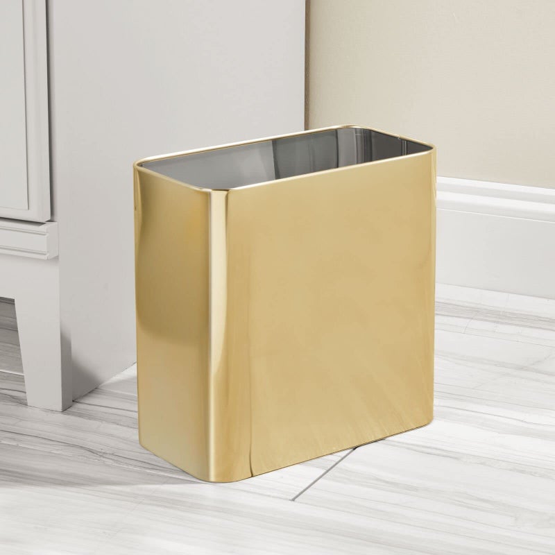 mDesign Modern Compact Freestanding MetalToilet Bowl Brush and Rectangle Open Wastebasket Garbage Can Combo Set for Bathroom Storage - Sturdy, Deep Cleaning - Set of 2 - Brass - Image 3