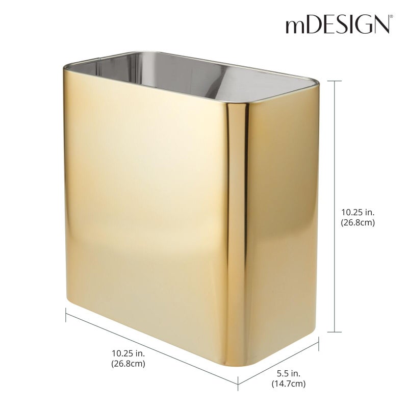 mDesign Modern Compact Freestanding MetalToilet Bowl Brush and Rectangle Open Wastebasket Garbage Can Combo Set for Bathroom Storage - Sturdy, Deep Cleaning - Set of 2 - Brass - Image 4