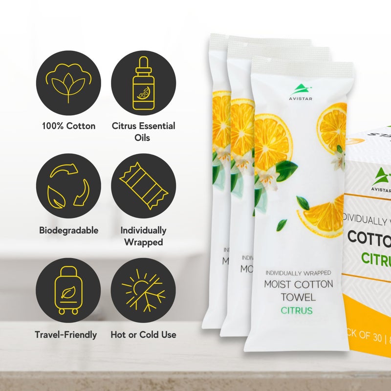 Avistar 30 Hot or Cold Wrapped Moist Towels â€“9'' x 9" Moist Towelettes Individually Wrapped Scented Disposable Face & Hand â€“Pre-Moistened Hand Wipes Soft Refreshing, Travel, Spa, Restaurant- Citrus/Lemon - Image 2