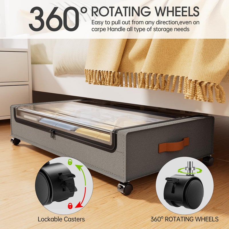 Yecaye Under Bed Storage with Wheels, 2 Pack Under Bed Storage Containers, Large Under Bed Rolling Storage with Clear Window & Label, Bedroom Storage Organizer for Clothes, Shoes, Books, Blankets - Image 2
