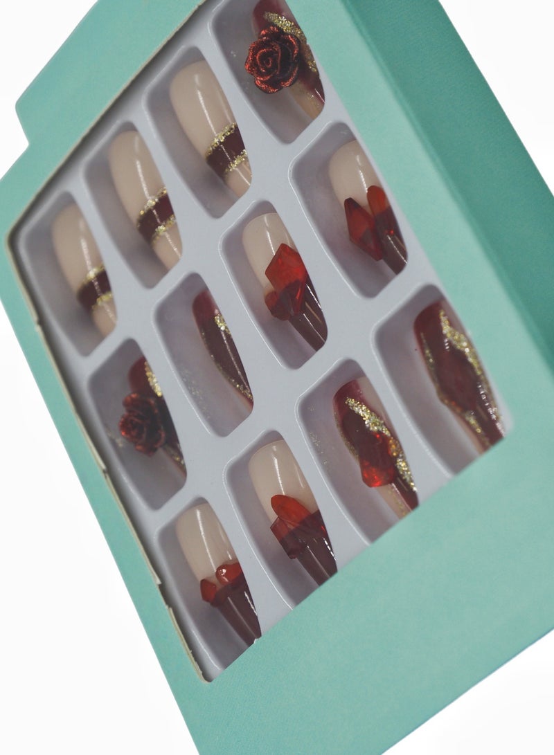 French Press-on Nails 24 Pieces: Rose Gold Crystal Stripe Artificial Nails - Classy & Elegant Design. Safe Removal at Home + Glue Kit Included. - Image 2