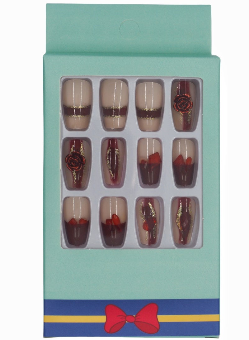 French Press-on Nails 24 Pieces: Rose Gold Crystal Stripe Artificial Nails - Classy & Elegant Design. Safe Removal at Home + Glue Kit Included. - Image 1