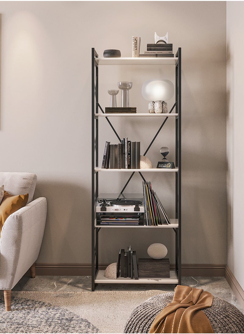 DANTA HOME - Library Bookshelves, Wooden Kitchen Storage Shelves, 5 Wooden Shelves And An Iron Frame With A Beautiful And Modern Design, 180x66x34 - White/Black - Image 1