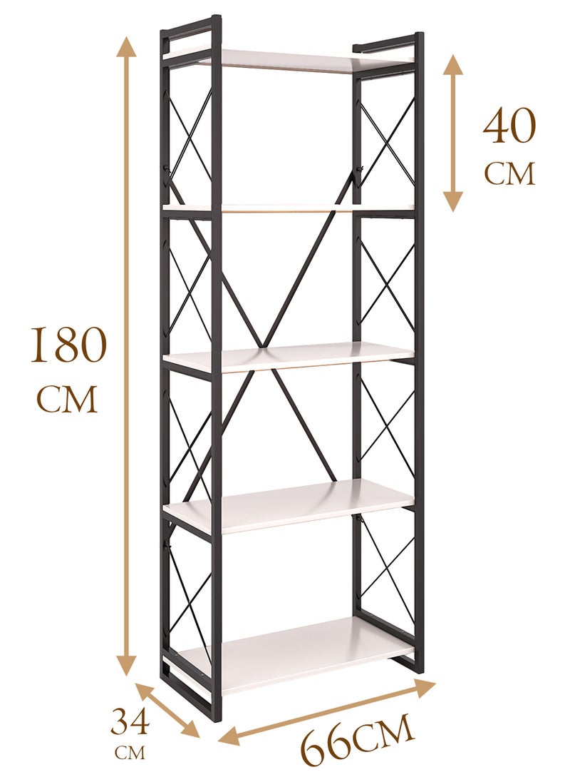 DANTA HOME - Library Bookshelves, Wooden Kitchen Storage Shelves, 5 Wooden Shelves And An Iron Frame With A Beautiful And Modern Design, 180x66x34 - White/Black - Image 1